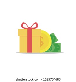 gift box with red ribbon, bonus money, earn points, loyalty program, win prize, cash back for purchase, birthday present, vector flat icon and white background