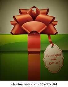 Gift box with red ribbon bow and label. Vector Illustration.