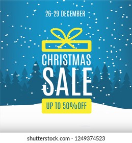 Gift box with red ribbon, bow and price tag isolated on winter background with snow. Template for, banner, brochure or poster.