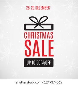 Gift box with red ribbon, bow and price tag isolated on winter background with snow. Template for, banner, brochure or poster.