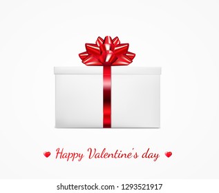 Gift box with red ribbon and bow. Happy Valentine's day greeting card.