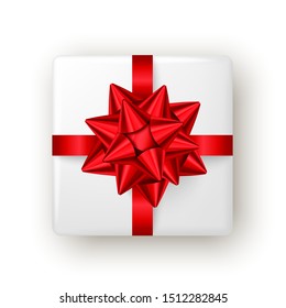 Gift box with red ribbon and bow, top view. Christmas, New Year party, Happy birthday or Valentine day package design. Realistic present isolated on white background. Vector.