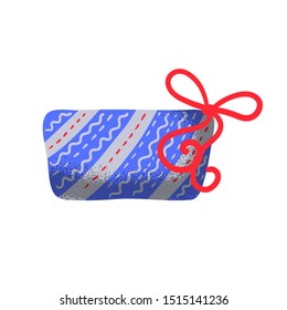 Gift box with red ribbon bow, vector illustration on white background. Wrapped present with red bow. Trendy Christmas illustration. Winter holiday greeting card design element. New Year clip art