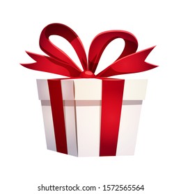 Gift box with red ribbon and bow on white background. Design concept for a christmas greeting card, festive banner, poster, background, flyer. Vector illustration
