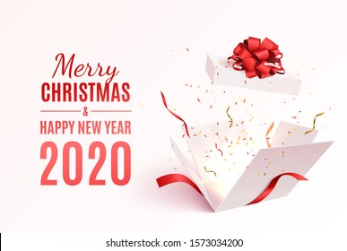 Gift box with red ribbon and bow. Merry Christmas and Happy New Year banner. Vector 3d illustration. Christmas decoration