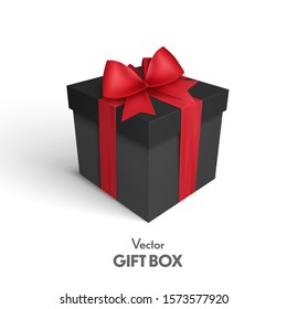 Gift box with red ribbon and bow. Vector 3d illustration. Christmas decoration