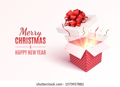 Gift box with red ribbon and bow. Merry Christmas and Happy New Year banner. Vector 3d illustration. Christmas decoration