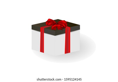 Gift box with red ribbon and bow. Vector 3d illustration. Christmas decoration