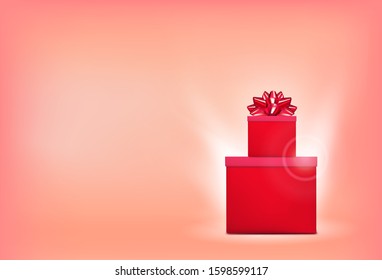 Gift box with red ribbon and bow. Happy Valentine's day greeting card