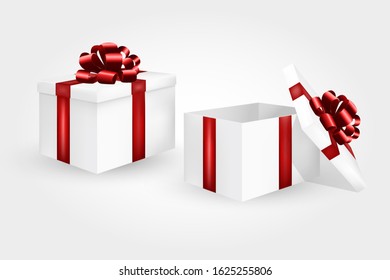 Gift box with red ribbon and bow. merry christmas and happy new year greeting card. 
