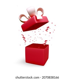 Gift box with red ribbon and bow and falling confetti. Holiday banner with open box. Present box decoration design element. Vector illustration
