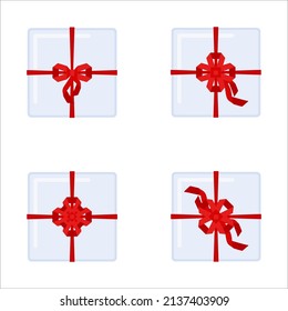 Gift box with red ribbon and bow knot in top view. Festive package for happy birthday, wedding, Christmas day celebration. Vector illustration.
