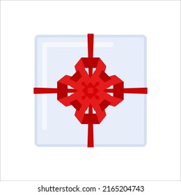 Caja de regalo con cinta roja y nudo de arco en la vista superior. Paquete festivo para feliz cumpleaños, boda, celebración del día de Navidad. Ilustración vectorial.