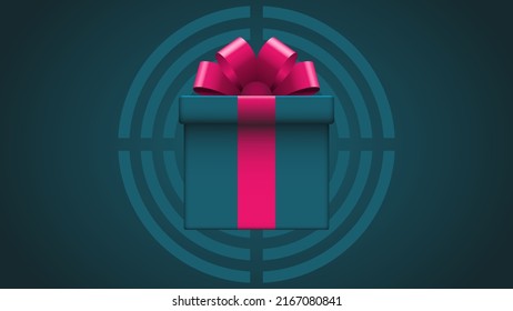 Caja de regalo con cinta roja y arco sobre el fondo de un blanco de disparo sobre un fondo azul oscuro