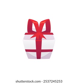 A gift box with a red ribbon bow on a white background. A vector of realistic surprise packaging for parties, celebrations or promotions, symbolizing success and joy.