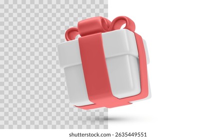 Gift Box With Red Ribbon And Bow In Minimal 3D Style. Vector Illustration Representing Celebration, Surprise, Birthday, Holiday Present, Festive Packaging, Reward, Or E-Commerce Bonus Element.