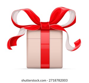 Gift box with red ribbon bow. Festive decoration for Birthday gifts, Christmas presents or Valentines day greeting card. Realistic graphic element for design. Vector Illustration Isolated.