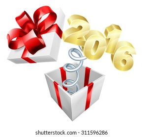 A gift box with red ribbon and bow with a 2016 sign jumping out like a jack in the box on a spring
