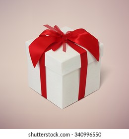 Gift box with red ribbon and bow on blurred background. Vector illustration.