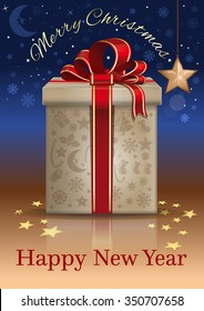 Gift box with red ribbon and bow. Merry Christmas and Happy New Year. Vector illustration.