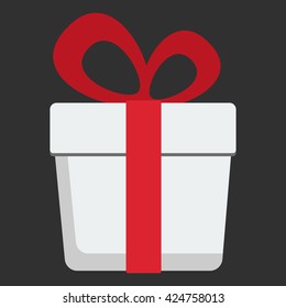 Gift box with a red ribbon and bow flat design icon. Vector illustration on black. Present holidey concept object.