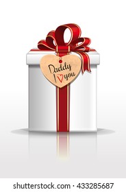 Gift box with red ribbon and bow for Father's Day. Happy Father's Day card. Paper heart with an inscription - Daddy I love you. Vector illustration