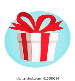 Gift box with red ribbon and bow on blue background design concept. Vector illustration in retro cartoon style