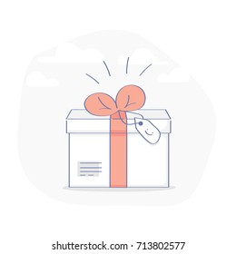 Gift Box with red ribbon and bow, Surprise, Prize, Special Offer or Present cartoon cute vector illustration concept for web and mobile design. 