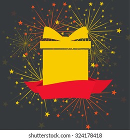 Gift box with red ribbon and colorful fireworks on a dark background. 