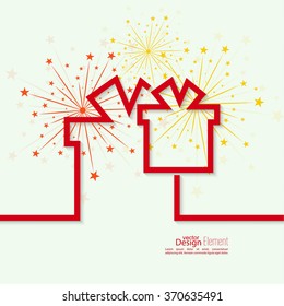 Gift box with red ribbon and colorful fireworks on light background. 