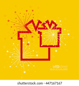 Gift box with red ribbon and colorful fireworks on light background. 