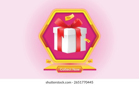 A gift box with red ribbon and discount tags inside a golden hexagon frame on pink background. it is Papplayer 