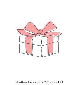 Gift box with red ribbon drawn in one continuous line. One line drawing, minimalism. Vector illustration.