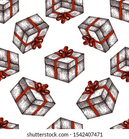 Gift box with red ribbon. Hand drawn vector illustration isolated on white background. Seamless background pattern.