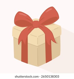 Gift box with red ribbon in hand-drawn vector style. Soft beige and red colors, flat texture with smooth lines. Perfect for holiday cards, packaging, birthday decor, web design, and print projects.