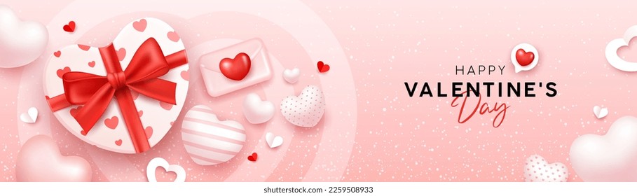 Cinta roja de la caja de regalo, Feliz Día de San Valentín, con corazón de globos, diseño de pancartas en fondo rosado, ilustración EPS10 Vector.
