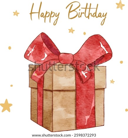 Gift Box with Red Ribbon illustration. Watercolor vector perfect for Birthday party, Valentine, Print for invitation card