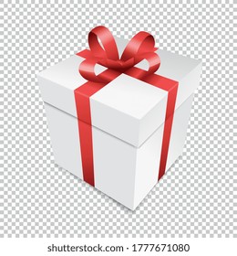 Gift box with red ribbon isolated on checked transparent background. Vector illustration. Eps 10 vector file.