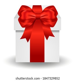 Gift box with red ribbon isolated on white background. Vector illustration. Single box with red ribbon. Christmas gifts. Gift box and holiday decorations. Gift box surprise for birthday.