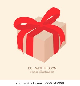 Gift box with red ribbon isolated on beige background. Happy birthday, Christmas, New Year, Wedding or Valentine Day package concept. Vector illustration