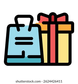 Caixa de presente com fita vermelha ao lado do saco de compras, simbolizando o ato de dar e comprar presentes