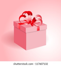 Gift box with a red ribbon. On pink background.