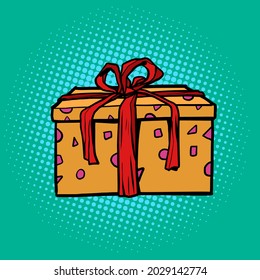Gift box with a red ribbon on a pop art background. A holiday surprise, a purchase. Christmas, birthday or wedding
