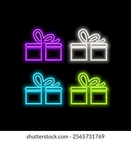 Gift box with red ribbon on trendy neon color background. zero gravity. levitation. copyspace. Concept sales, discount price, christmas presents and shopping..