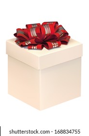 Gift box with red ribbon over white background