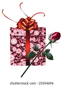 Gift box, with red ribbon and rose. All elements and textures are individual objects. Vector illustration scale to any size.