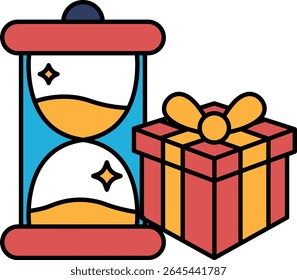 A gift box with a red ribbon sits next to a clock. The clock is set to the time of the gift