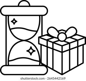 A gift box with a red ribbon sits next to a clock. The clock is set to the time of the gift