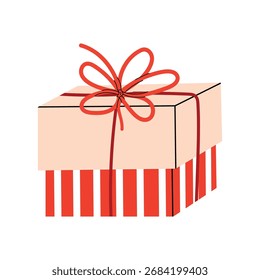 Gift box with red ribbon and striped base. Festive present for birthday or holiday. Flat vector illustration isolated on white background.