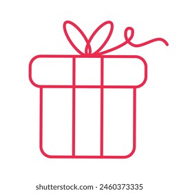 Gift box with red ribbon thin line icon flat on white background.